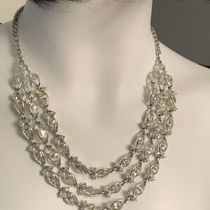 Vintage 1950’s Rhinestone Necklace & Bracelet Set 18” Triple Strand Navette Bib